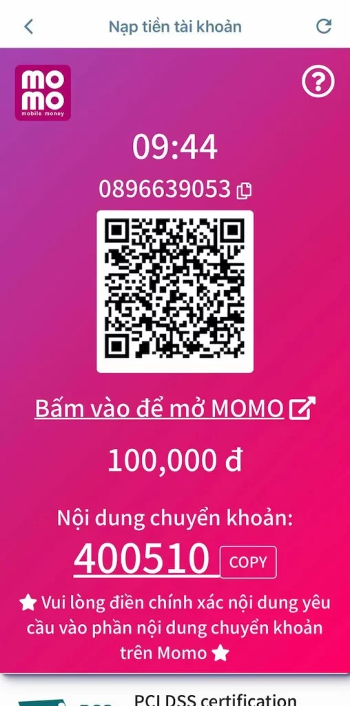 Nạp Tiền Bằng Ví Điện Tử Momo Pay QR